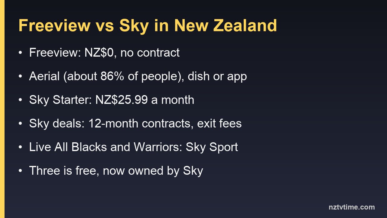 Freeview vs Sky in New Zealand: Freeview NZ$0 with aerial, dish or app; Sky Starter NZ$25.99 a month on a 12-month contract